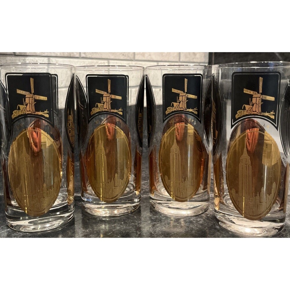 Vintage Set of 4 MCM Stancraft World Travelers Highball Black and Gold Tumblers